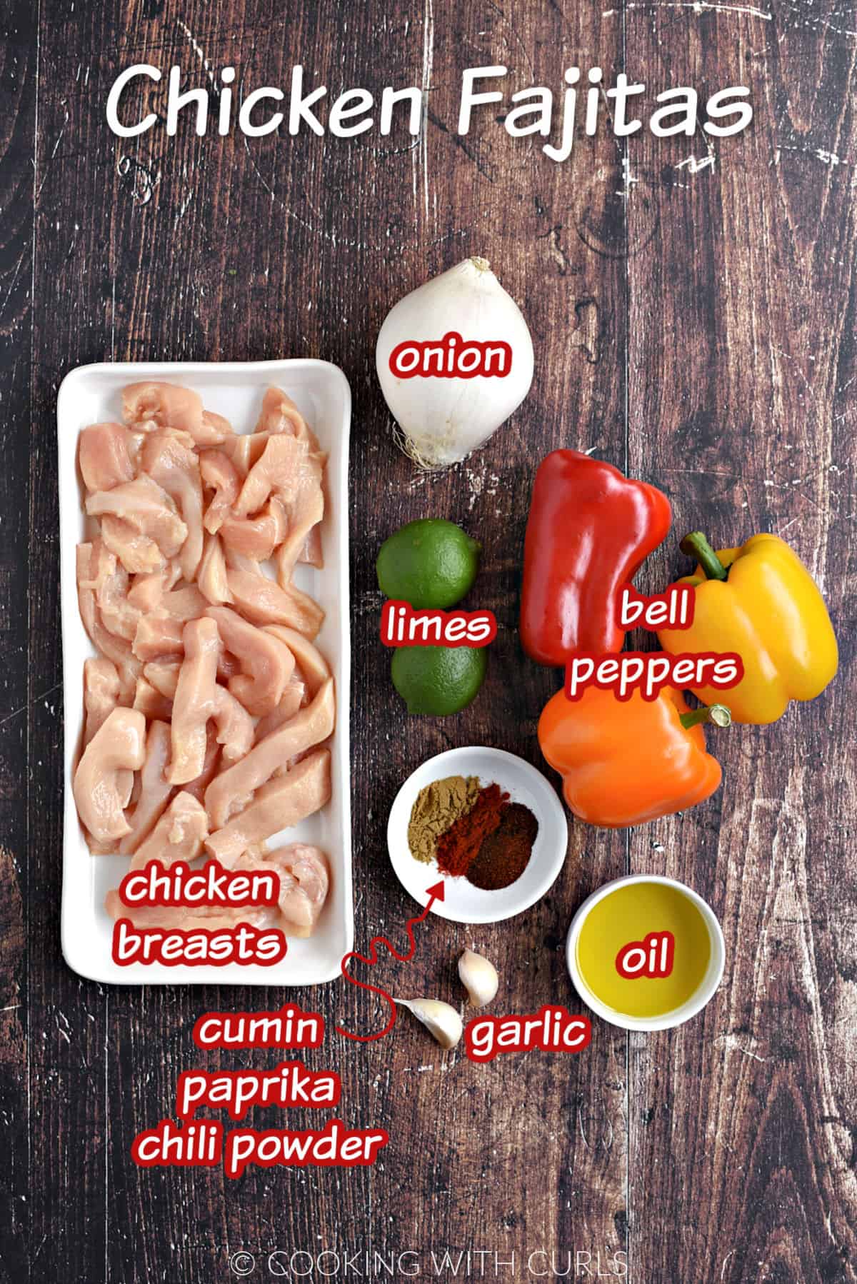 Chicken strips, white onion, two limes, two garlic cloves, olive oil,  three bell peppers, two limes, cumin, paprika, and chili powder to make sheet pan chicken fajitas. 