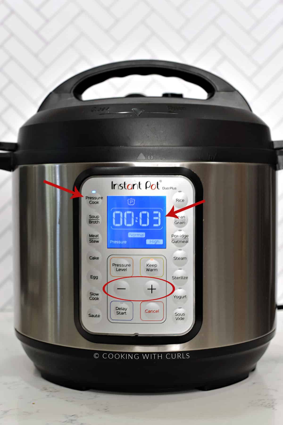 Instant Pot set to 3 minutes on high pressure with a red arrow pointing towards the pressure cook button and circle around the + and - buttons. 