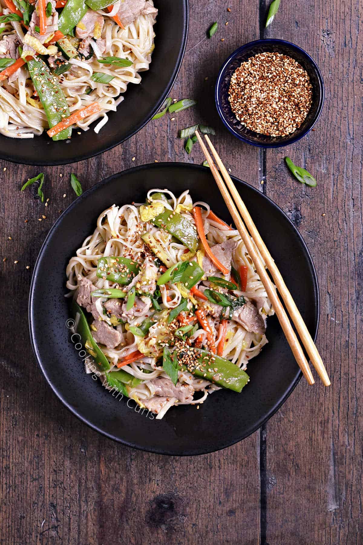 Looking down on two bowls of Pork Lo Mein with chopsticks on the edge garnished with green onions and toasted sesame seeds with a small bowl of sesame seeds in the background. 