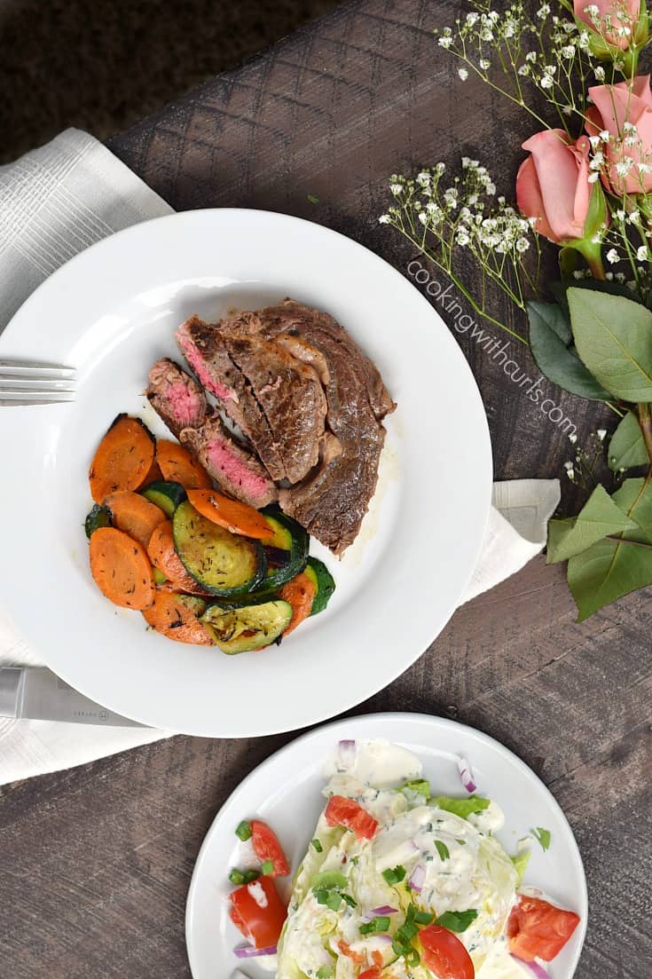 This Pan-Seared Ribeye Steak served with a Wedge Salad and Sauteed Zucchini and Carrots is the perfect, easy to prepare Romantic Meal for Two | cookingwithcurls.com