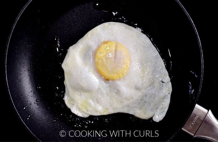 A fried egg in a small skillet. 