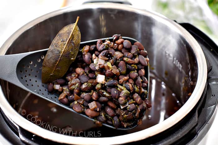 A gray plastic scoop of cooked black beans and a bay leaf. 