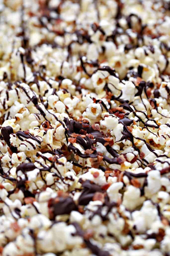 Close up of a pan of Instant Pot Chocolate Bacon Popcorn. 