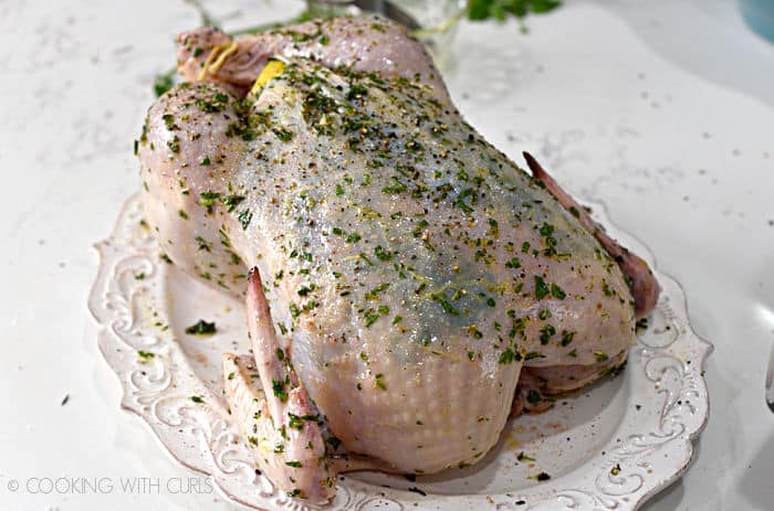 a whole, raw chicken rubbed with a Greek herb and oil mixture sitting on a white platter. 