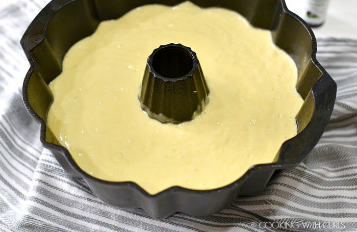 Bacardi Pina Colada Rum Cake batter poured into a bundt pan. 