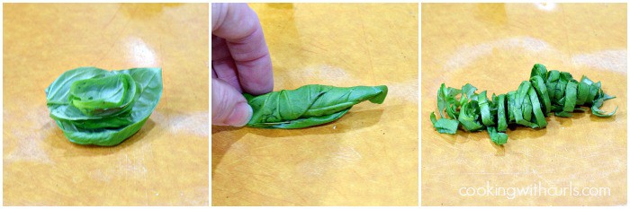 Three images combined with stacked basil, rolled basil, and basil sliced into thin strips.