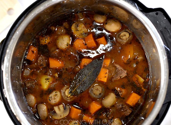 Beef Bourguignon in an Instant Pot right after the lid is removed. 