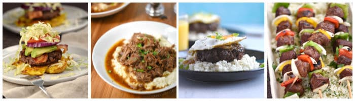 Collage with smashed potato burger, mocha pot roast, loco moco, fajita kabobs.