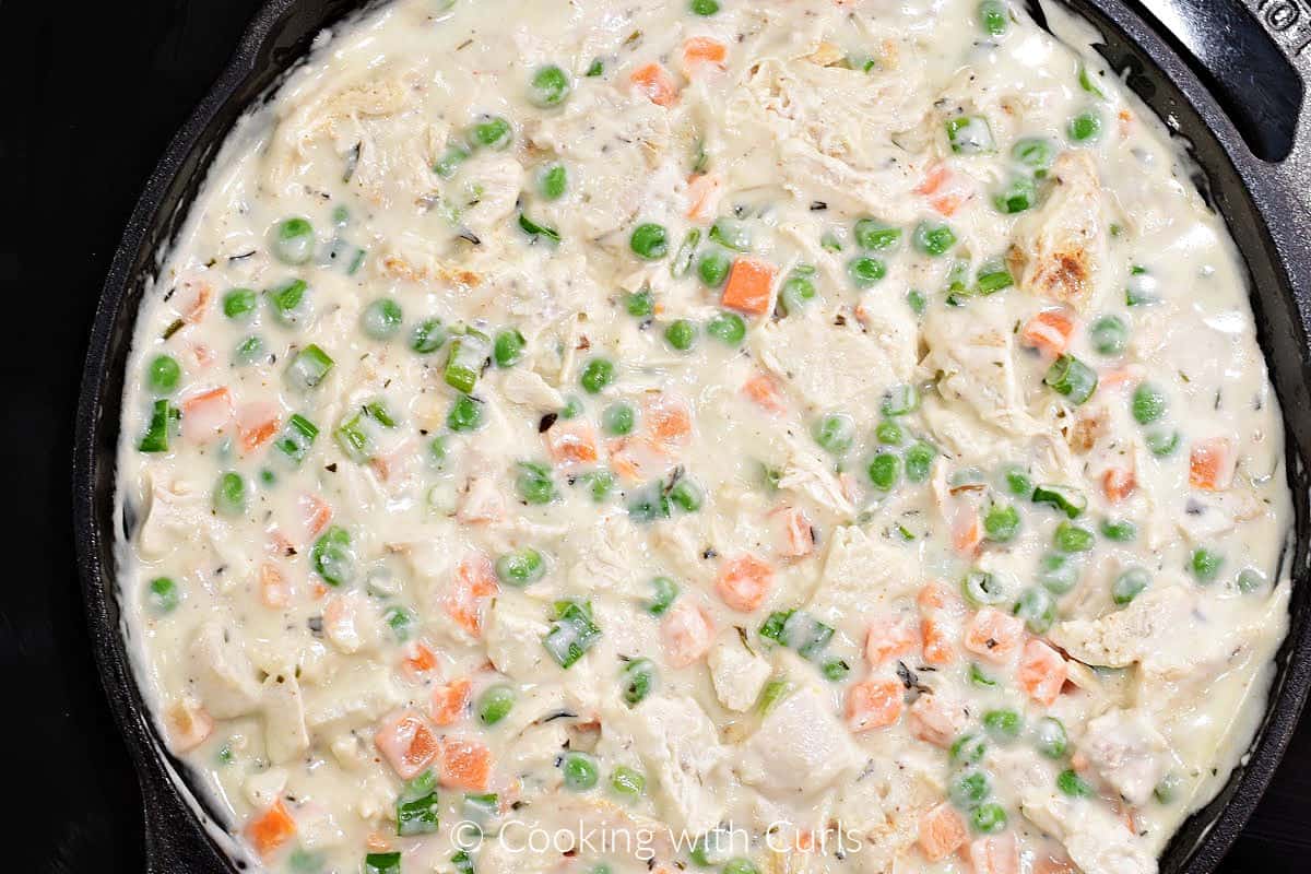 Chicken pot pie filling in a cast iron skillet. 