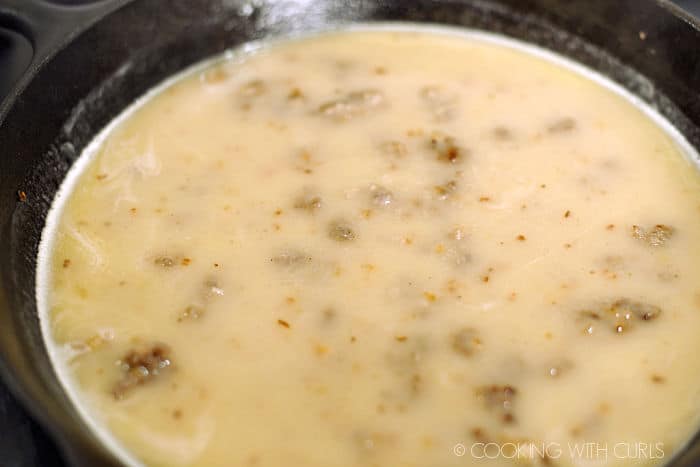 chicken stock, sausage, onion and flour in a cast iron skillet. 