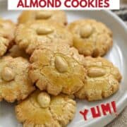 Ten Chinese Almond Cookies stacked on a white plate with title graphic across the top.