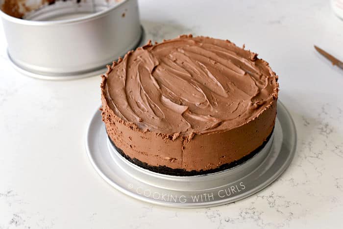 Chocolate Cheesecake in the springform pan with the ring removed. 