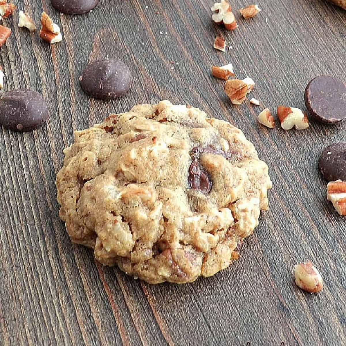 A chocolate chip pecan oatmeal cookie.