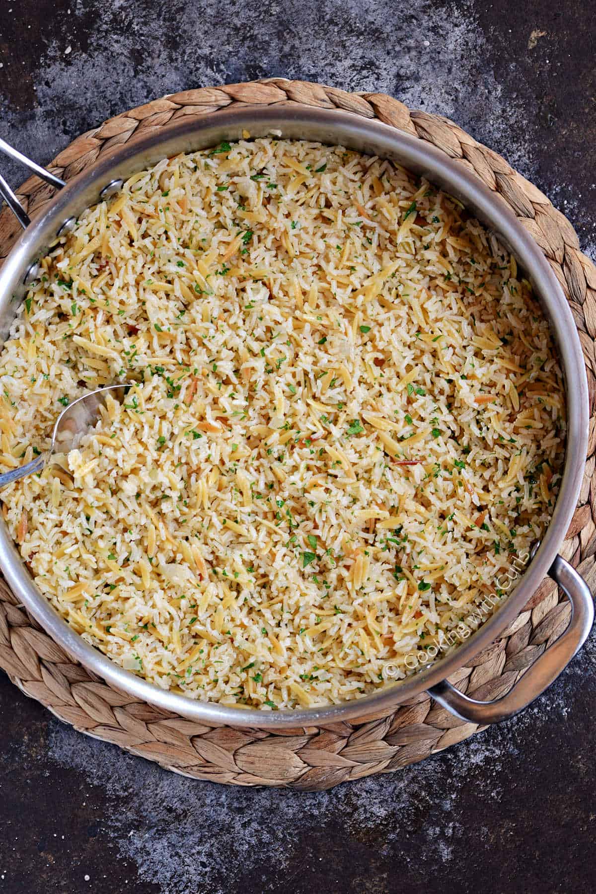 Rice pilaf in a large skillet.