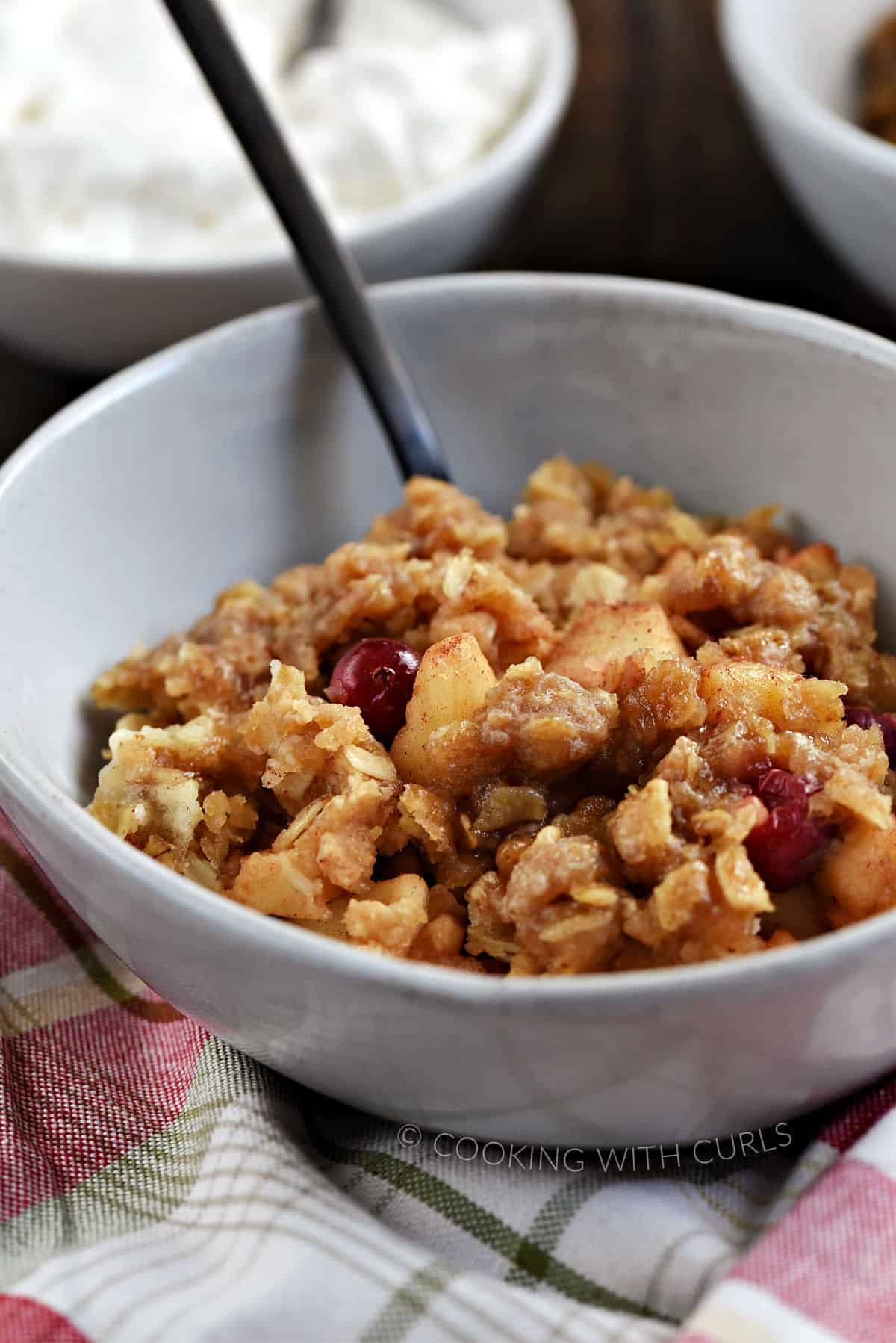 Close-up image of apple cranberry crisp in a bowl with a bowl of whipped cream in the background. 