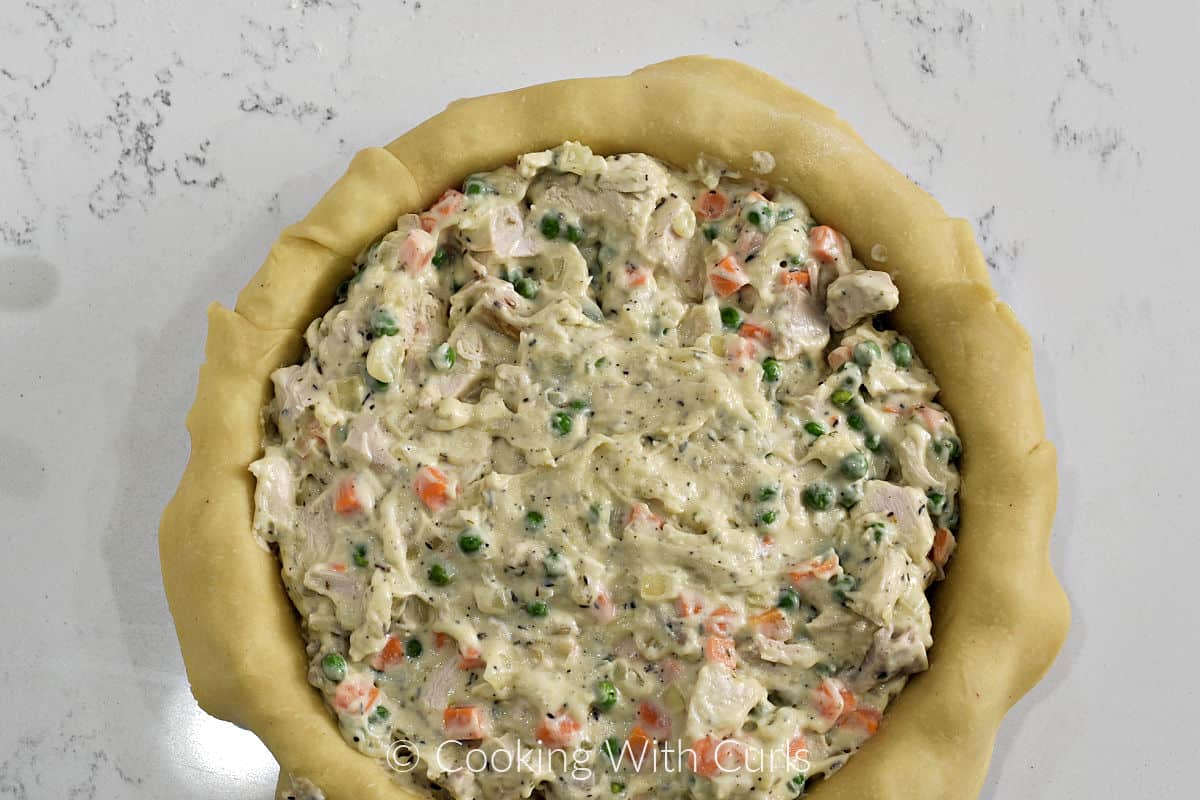 Creamy turkey filling inside a pie crust lined pie plate. 