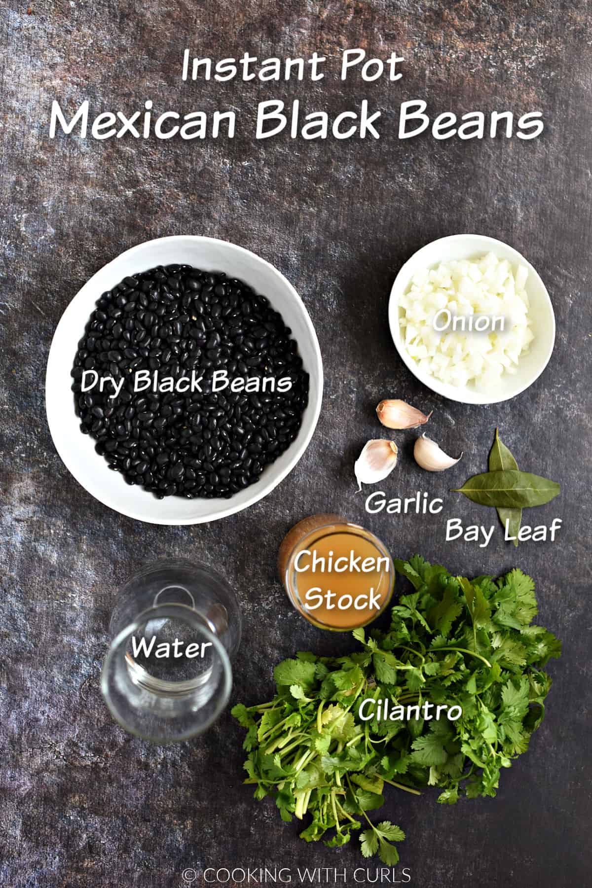 Dry black beans, chopped onion, garlic, bay leaves, cilantro, water, and chicken stock on a slate background. 