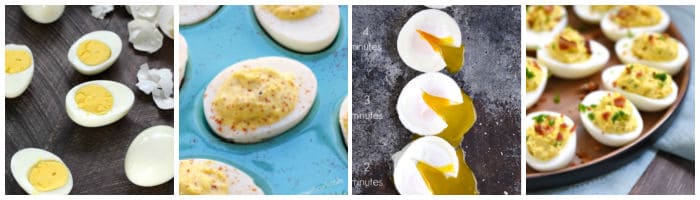 Collage with hard boiled eggs, deviled eggs, poached eggs, and ranch bacon deviled eggs.