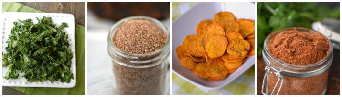 Collage with kale chips, taco seasoning, sweet potato chips, and cowboy seasoning.