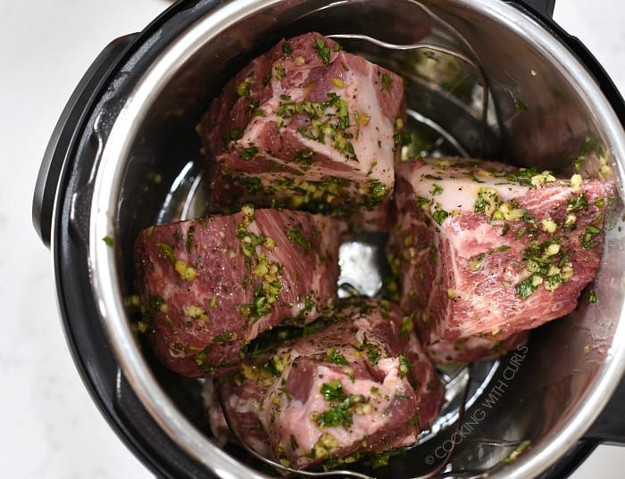 Four large chunks of pork roast rubbed with spice mixture and placed on a trivet inside a pressure cooker. 