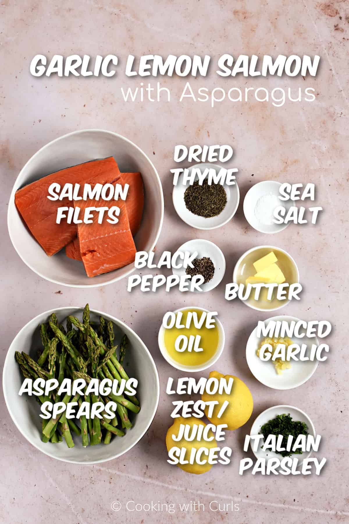 Ingredients needed to make Garlic Lemon Salmon with Asparagus. 