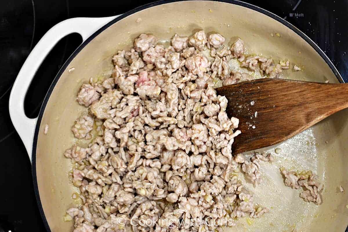 Ground pork, ginger and garlic in a cast iron skillet.