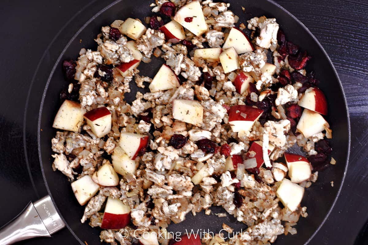 Ground turkey, onion, chopped apple and cranberries in a skillet. 