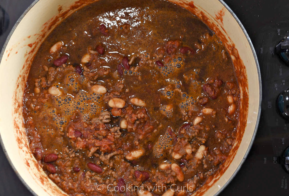 Guinness Beef Chili simmering on the stove. 