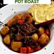 Chunks of beef roast, potatoes, and carrot slices in a Guinness stout gravy with buttered bread on the edge of the bowl and title graphic across the top.