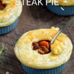 puff pastry topped steak pie with a fork sticking out of the center and title graphic across the top.