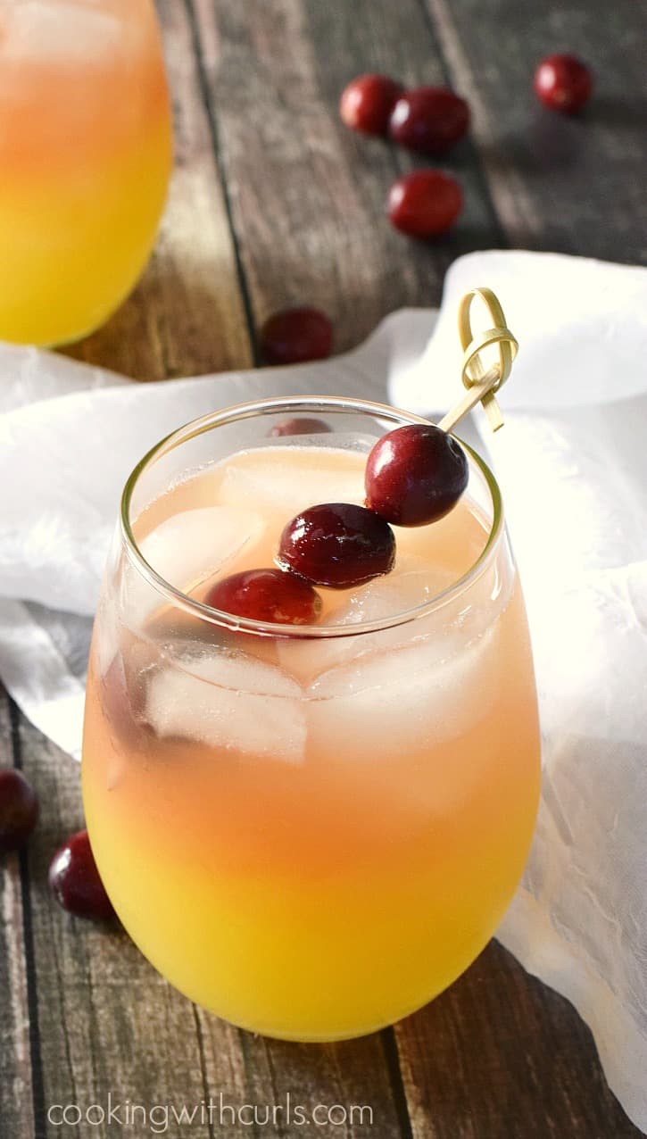 Holiday Relaxer Cocktail in a small, clear glass garnished with cranberries on a bamboo stick sitting on sheet white fabric.