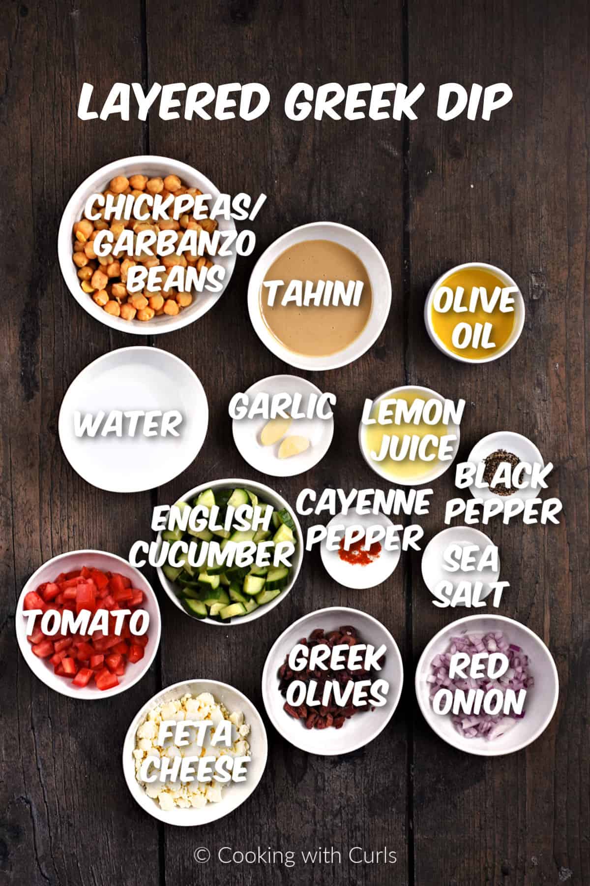 Ingredients needed to make layered Greek dip.