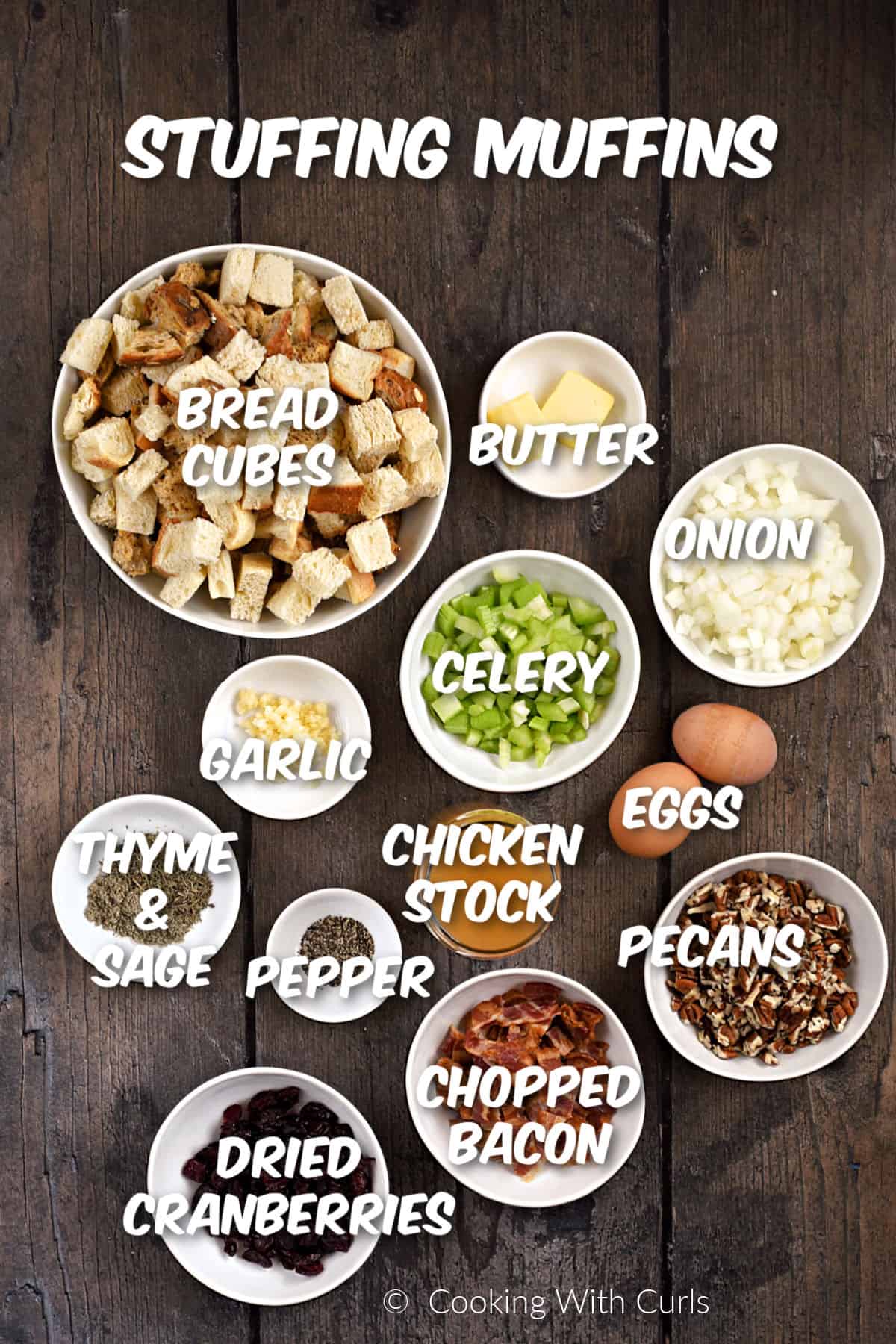 Ingredients needed to make Stuffing Muffins.