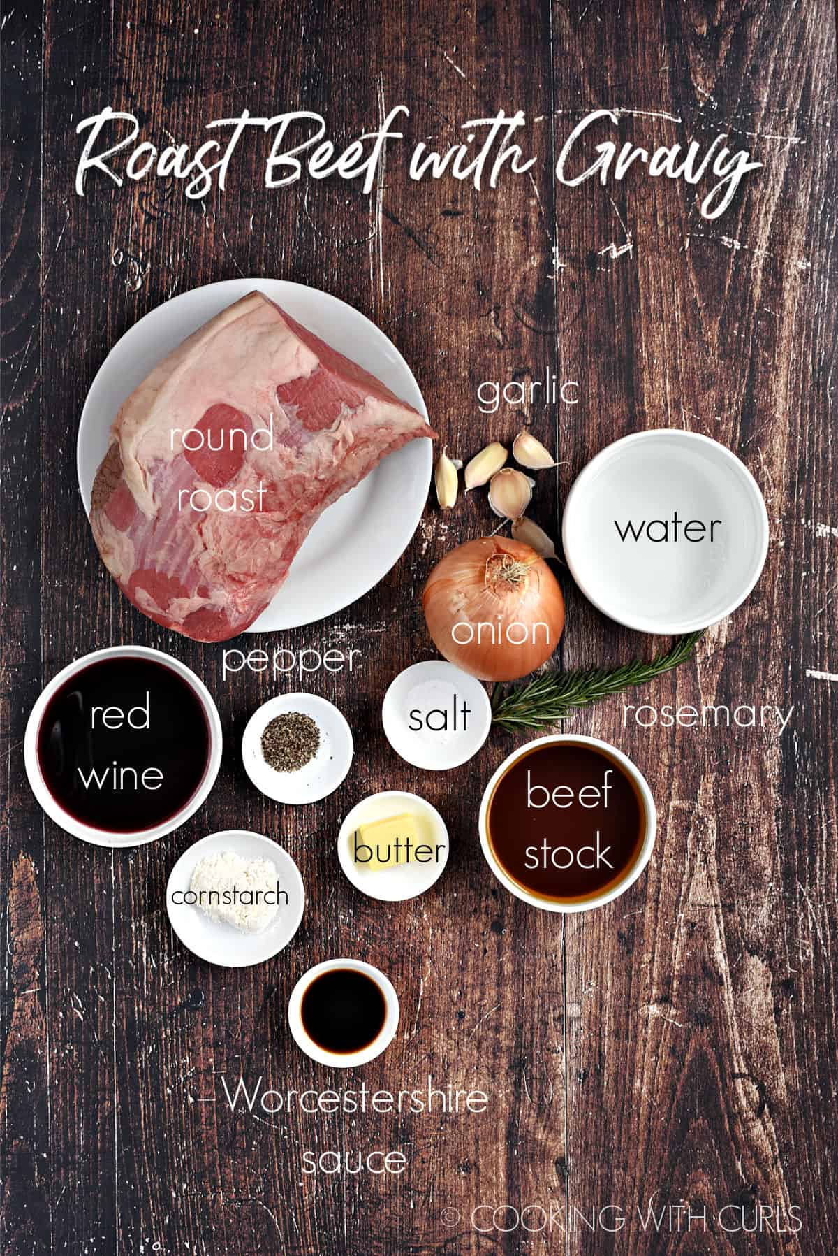 Ingredients to made roast beef with gravy in white bowls on a wood background. 
