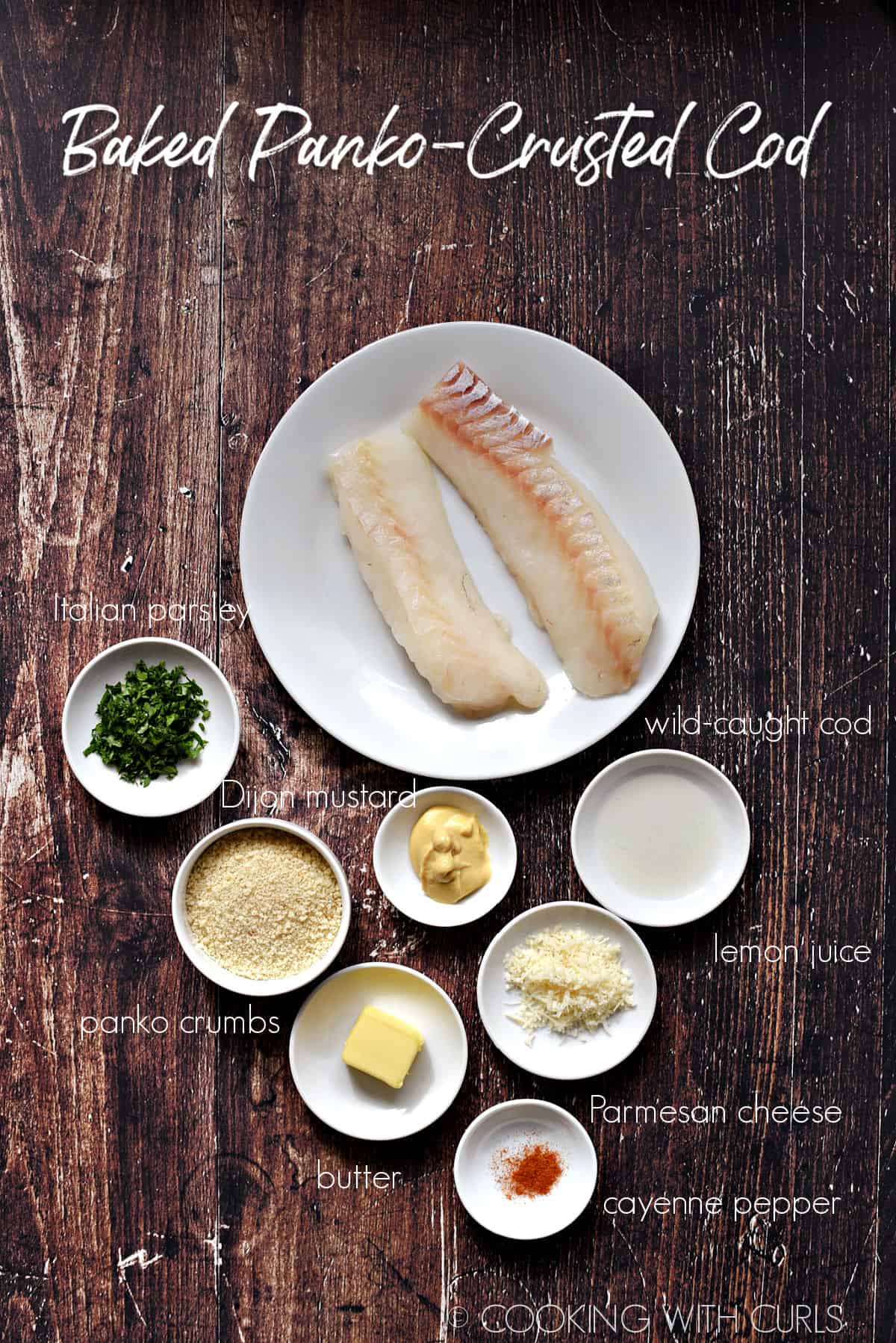 Ingredients to make Baked Panko-Crusted Cod in small white bowls. 