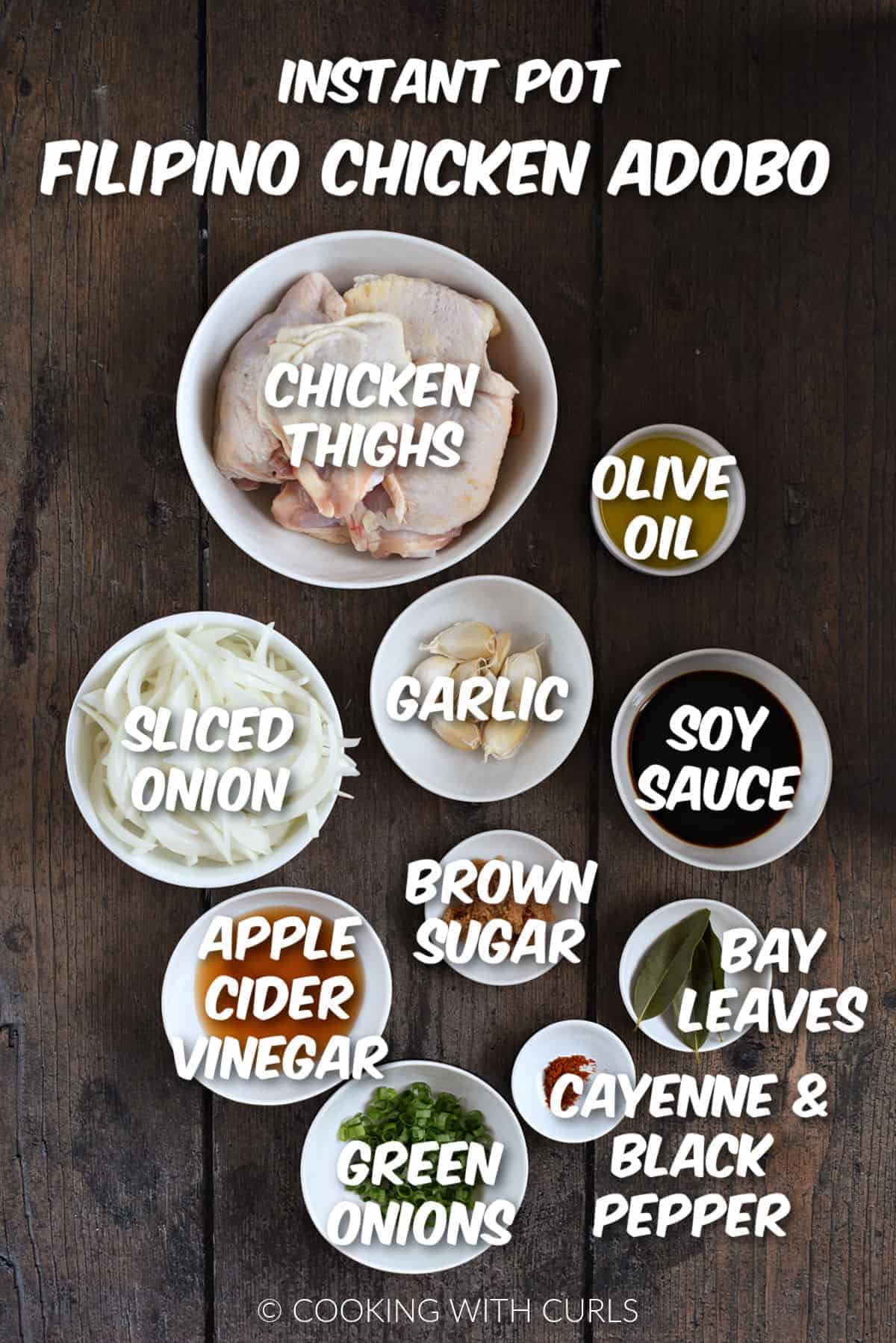 Ingredients to make instant pot filipino chicken adobo in white bowls.