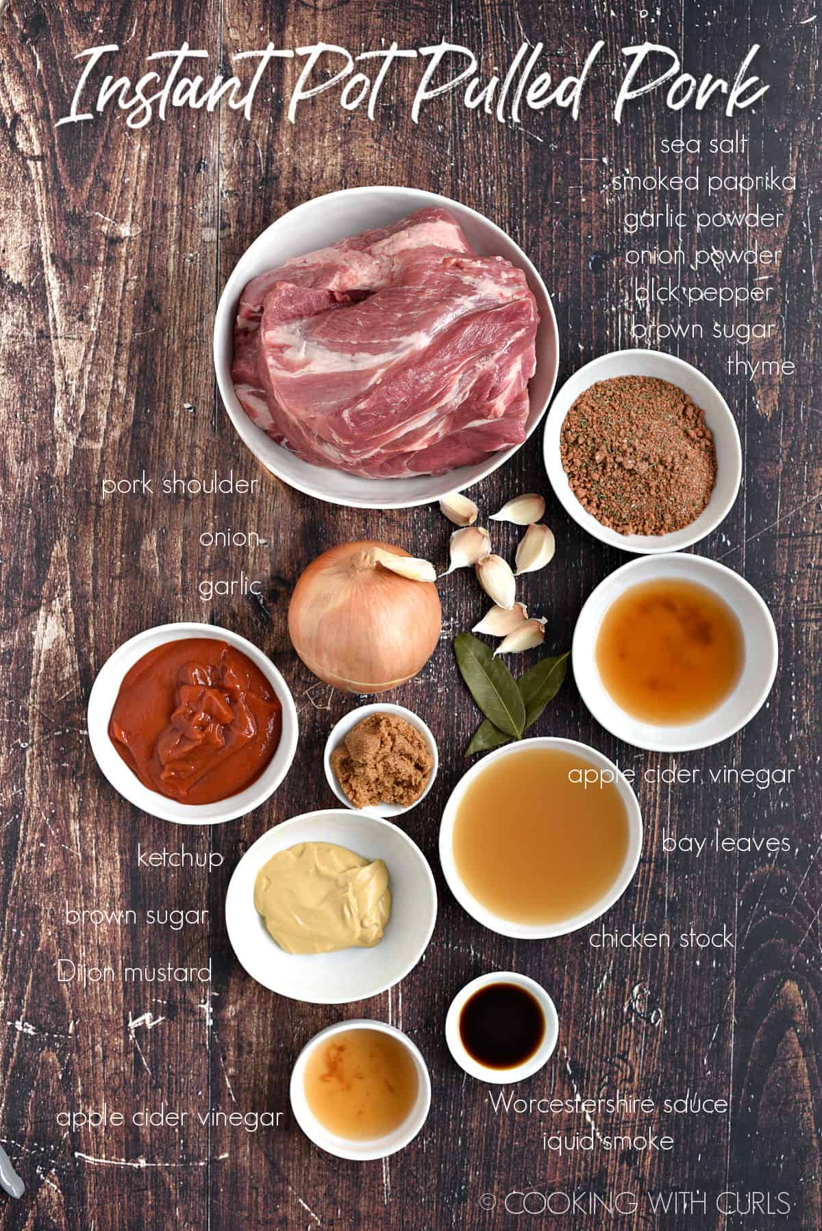 Ingredients to make Instant Pot Pulled Pork  in white bowls.