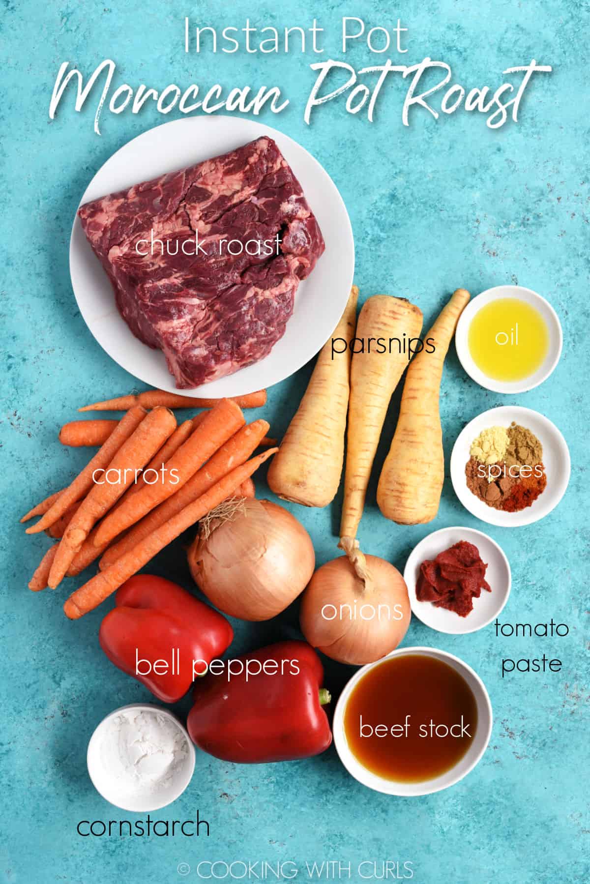 Chuck roast, oil, spices, three parsnips, a bunch of carrots, two onions, two bell peppers, tomato paste, beef stock and cornstarch on a turquoise background.