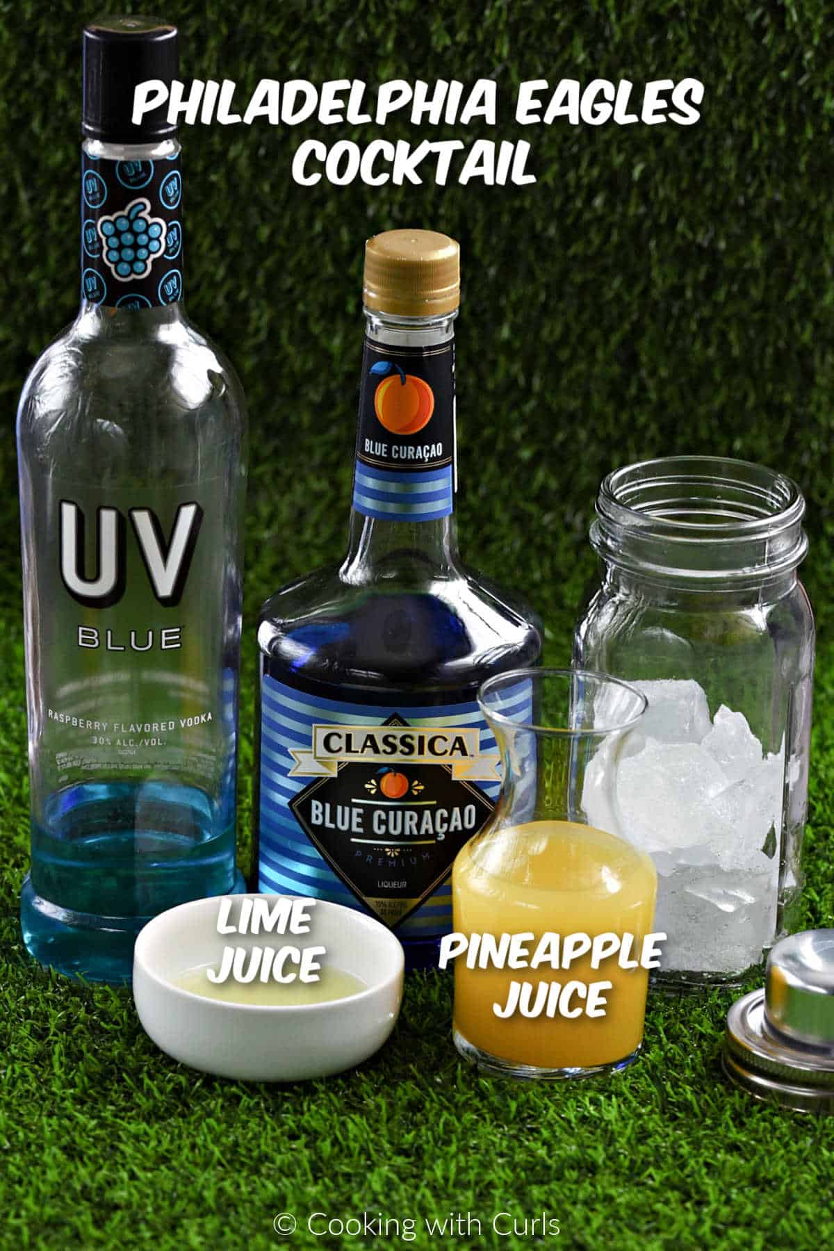 Ingredients needed to make Philadelphia eagles cocktail.