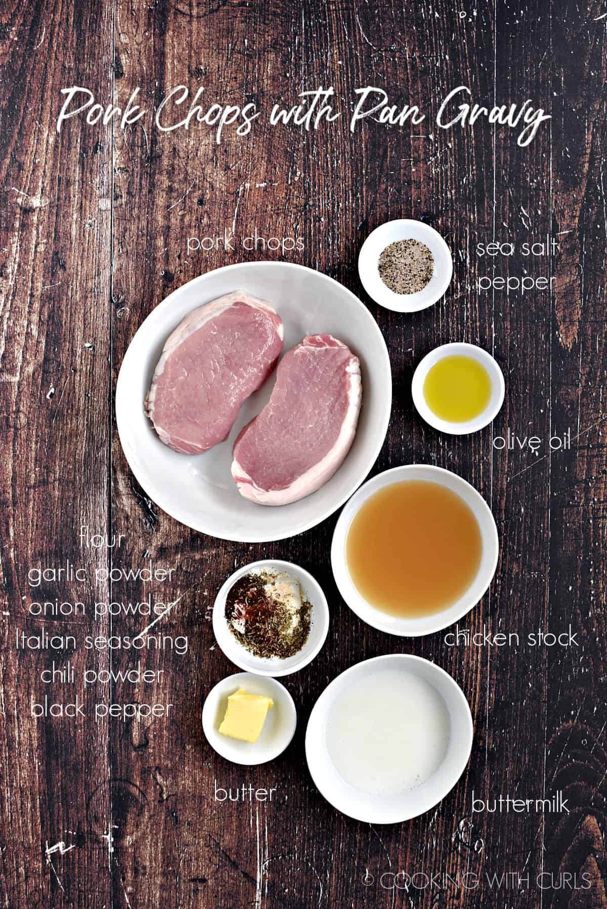 Ingredients to make pork chops with pan gravy all in separate white bowls. 