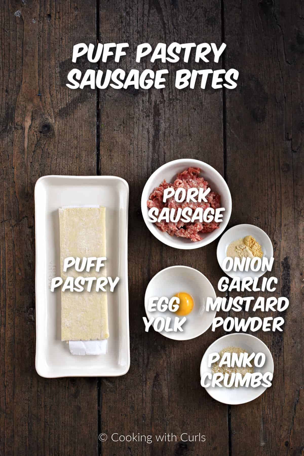 Ingredients to make puff pastry sausage bites. 