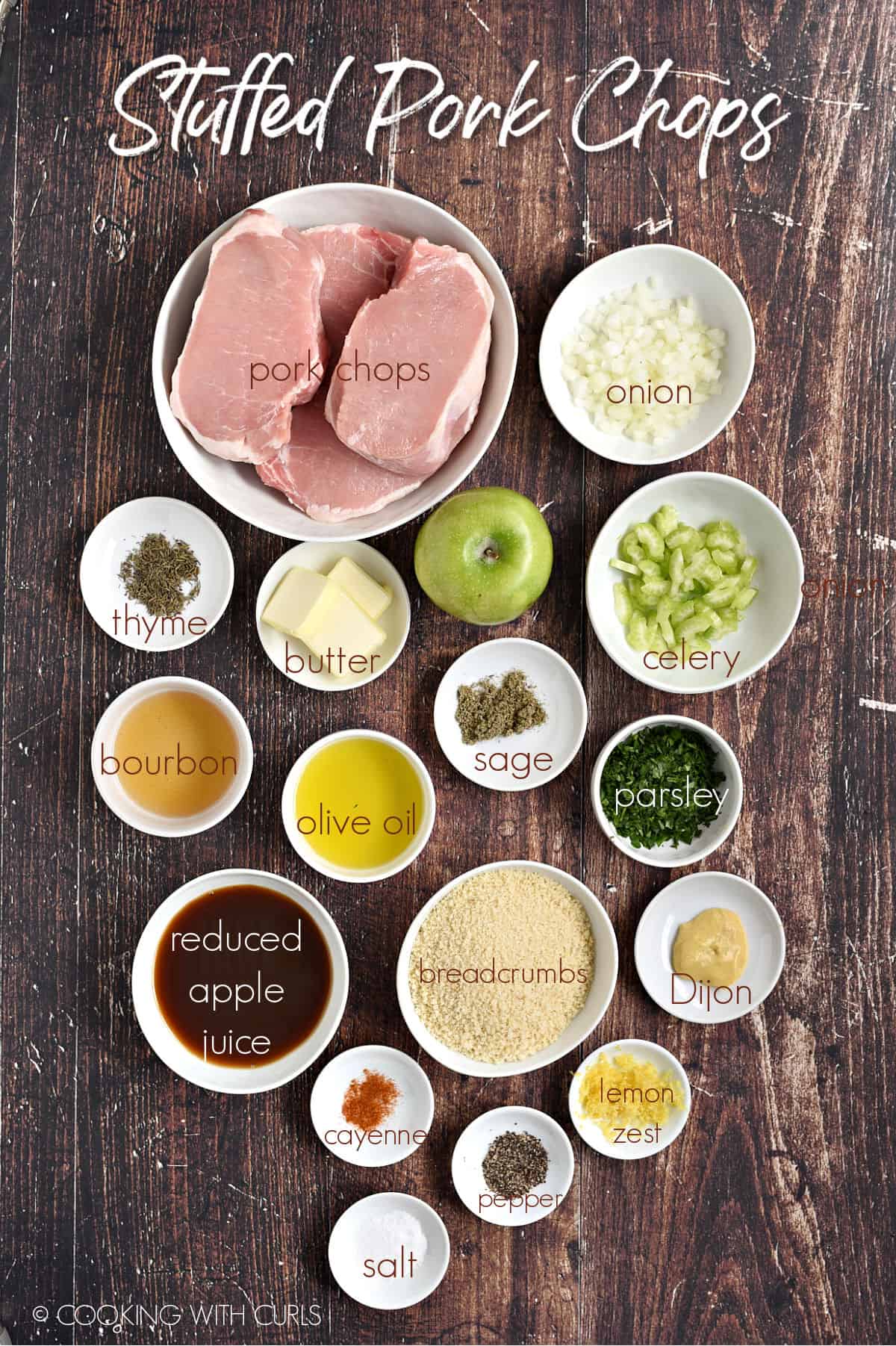 Ingredients to make Stuffed Pork Chops in white bowls. 