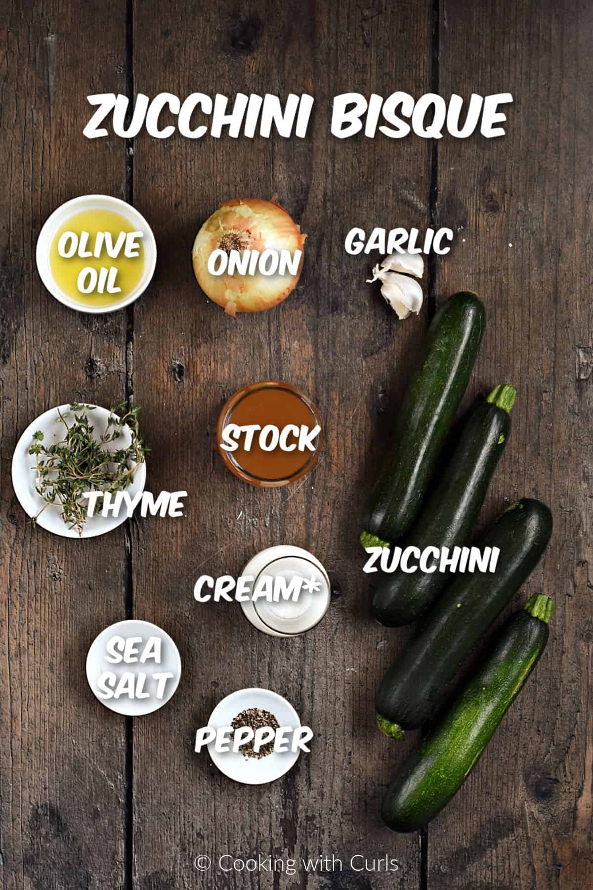 Ingredients needed to make zucchini bisque.