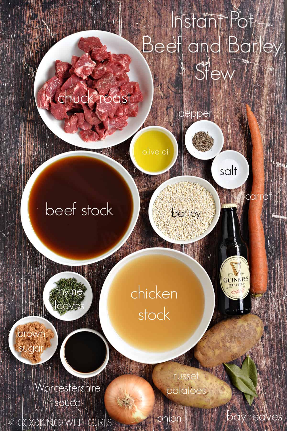 Instant Pot Beef and Barley Stew ingredients in white bowls. 