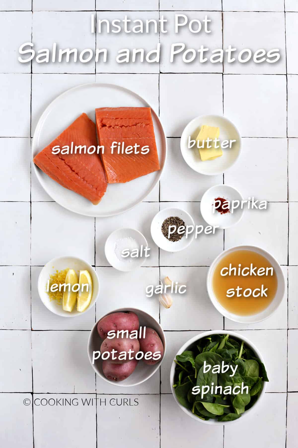 Instant Pot Salmon and Potatoes ingredients on a white tile background.