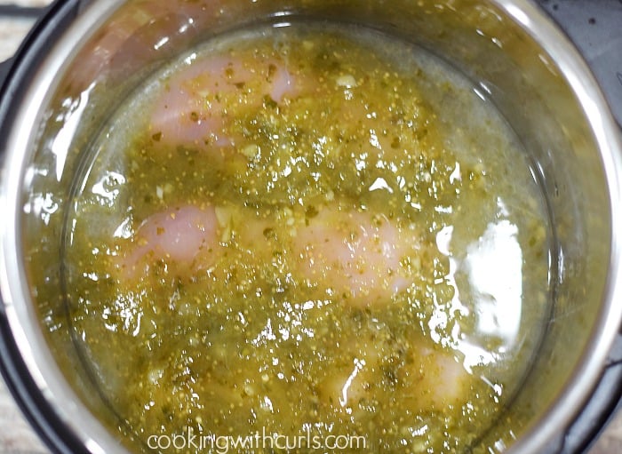 Instant Pot Salsa Verde Shredded Chicken pan cookingwithcurls.com