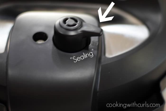 Instant Pot sealing knob with white arrow.