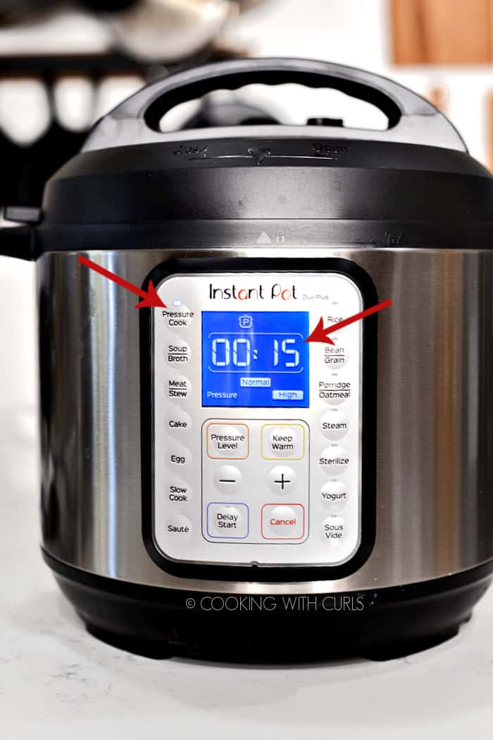 Instant Pot set for 15 minutes Normal High pressure on the Pressure cook setting. 