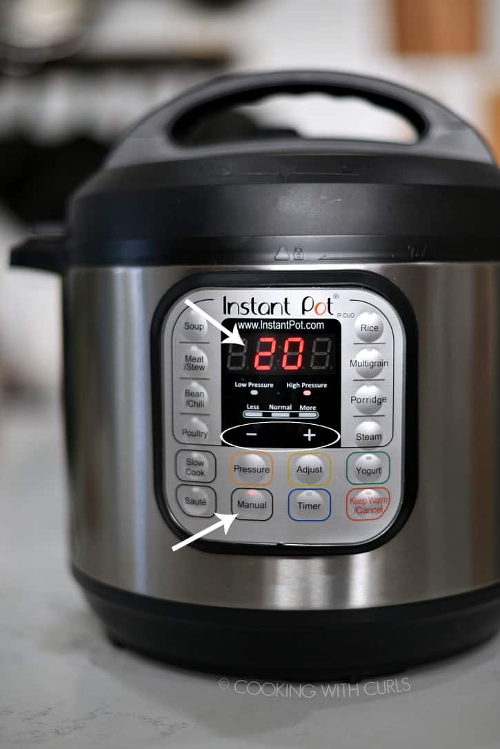 Instant Pot set for 20 minutes at High Pressure on Manual cookingwithcurls.com