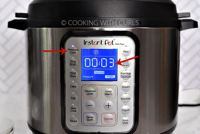 Instant Pot set to Pressure Cook for 3 minutes on High pressure. 